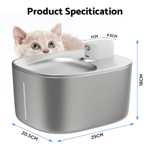 Cat water fountain with dimensions and a kitten peeking out at Pet Servo