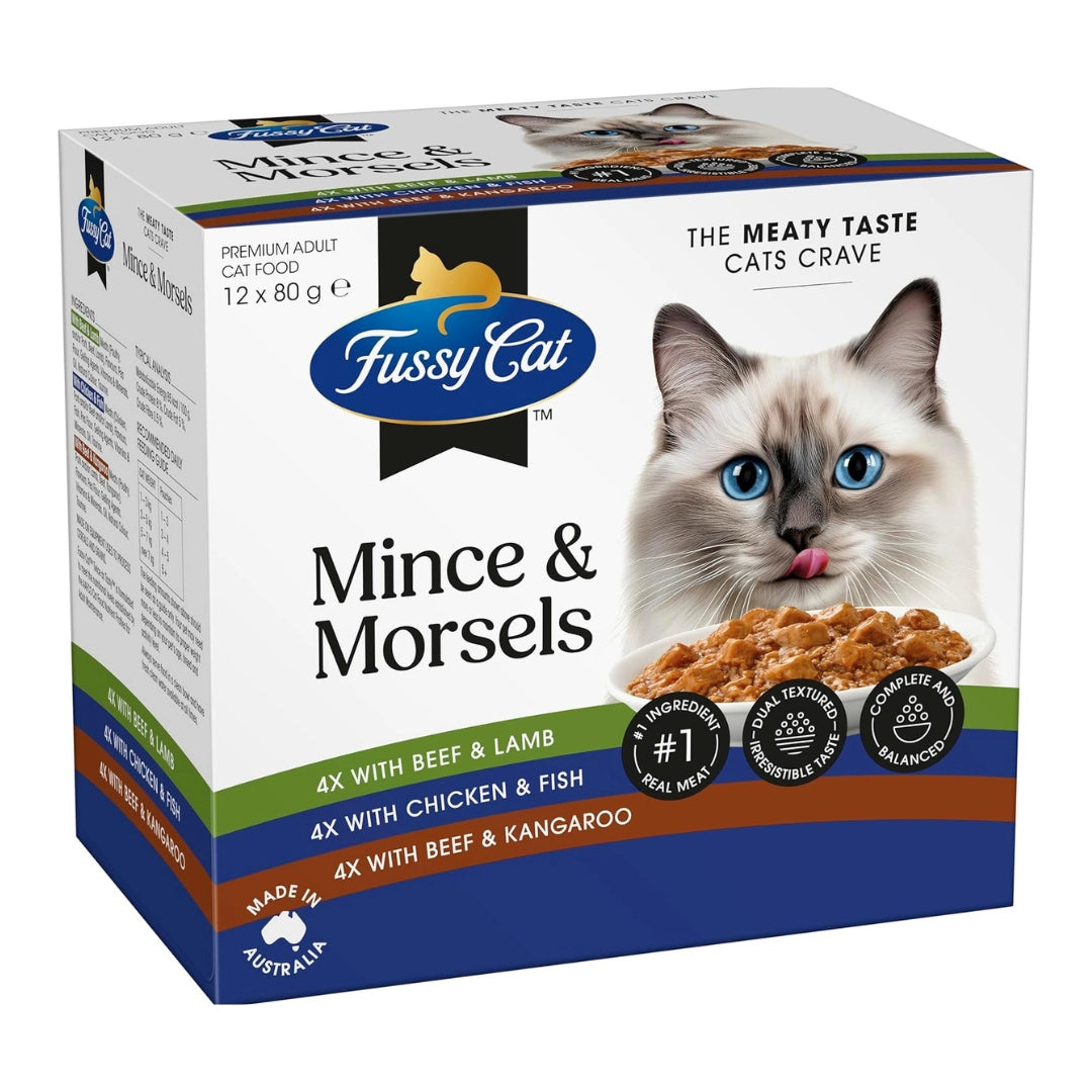Fussy Cat Mince & Morsels cat food packaging with a cat on the front.