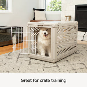 Dog in a crate in a living room with text 'Great for crate training'.