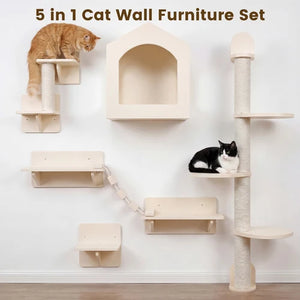 A 5-in-1 cat wall furniture set shown mounted on a white wall, featuring a tall sisal-wrapped scratching post with platforms, a house-shaped shelf, several floating shelves, a hanging chain link, and a cat tree perch. Two cats are present: an orange tabby on a platform and a black-and-white cat resting on a shelf at Pet Servo