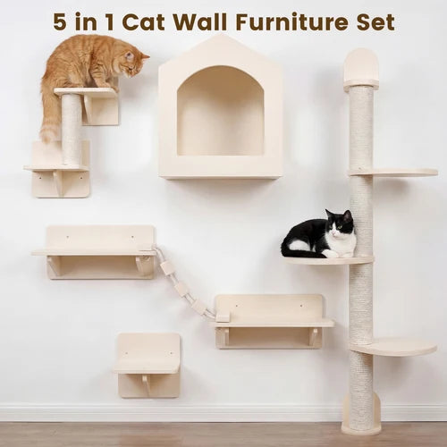 A 5-in-1 cat wall furniture set shown mounted on a white wall, featuring a tall sisal-wrapped scratching post with platforms, a house-shaped shelf, several floating shelves, a hanging chain link, and a cat tree perch. Two cats are present: an orange tabby on a platform and a black-and-white cat resting on a shelf at Pet Servo