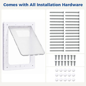 White pet door frame kit with a clear hinged flap and included installation hardware, shown on a white background with text reading 'Comes with All Installation Hardware.' at Pet Servo