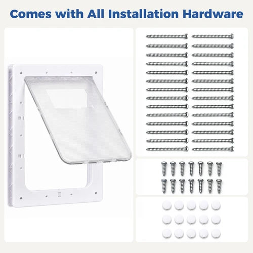 White pet door frame kit with a clear hinged flap and included installation hardware, shown on a white background with text reading 'Comes with All Installation Hardware.' at Pet Servo
