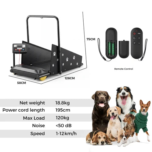 Dog treadmill with remote control, dimensions, and specifications displayed on a white background at Pet Servo