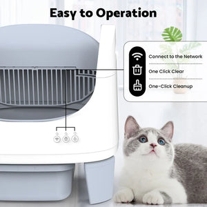 A white and light gray automatic pet feeder shown with an informational callout on the right and a gray-and-white cat lying beside it. The text at the top reads 'Easy to Operation' and the callout lists features like connecting to a network, one-click clear, and one-click cleanup