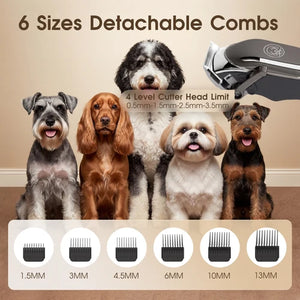 Set of detachable combs with a hair clipper and six dogs of different breeds on a beige background at Pet Servo