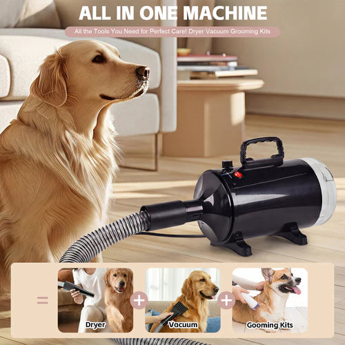 Dog grooming kit with dryer, vacuum, and grooming tools on a wooden floor at Pet Servo