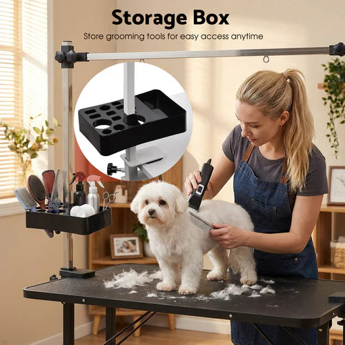 Dog grooming station with storage box and tools, person grooming a white dog at Pet Servo