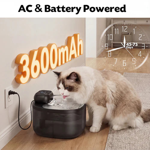 Cat drinking water from a black pet fountain with 'AC & Battery Powered' text and 3600mAh label at Pet Servo