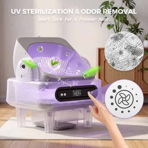 UV sterilization and odor removal device with hand pointing at it, indoor setting at Pet Servo