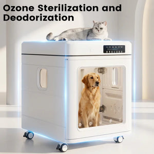 Pet sterilization or deodorization device with two cats inside, labeled 'Ozone Sterilization and Deodorization' at Pet Servo