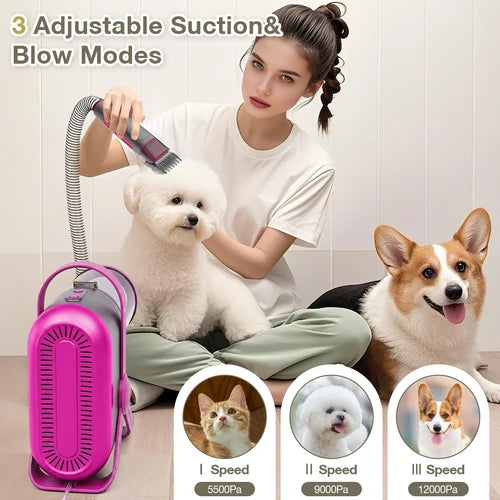 A pet hair remover vacuum cleaner in bright pink and gray is shown with a woman grooming two dogs, a white Pomeranian and a brown Corgi, in an indoor setting. The image includes text overlays explaining the adjustable suction and blow modes, and three circular insets showing different dog breeds and pressure levels at Pet Servo