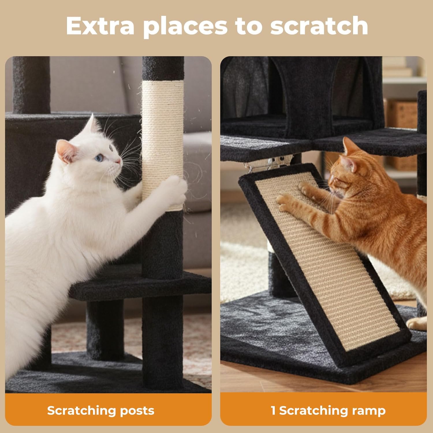 A split-panel product demonstration showing a cat tree with scratching posts and a scratching ramp. The left panel shows a white cat using a vertical scratching post, and the right panel shows an orange tabby cat using a diagonal scratching ramp at Pet Servo