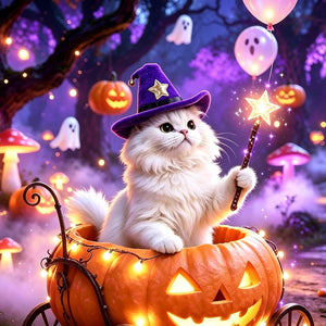 A fluffy white cat dressed as a witch sits in a carved jack-o'-lantern pumpkin, holding a glowing star wand in a spooky Halloween forest scene with balloons, mushrooms, and ghosts at Pet Servo