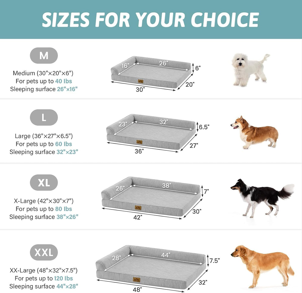 Dog bed size chart with measurements and corresponding dog breeds for each size at Pet Servo
