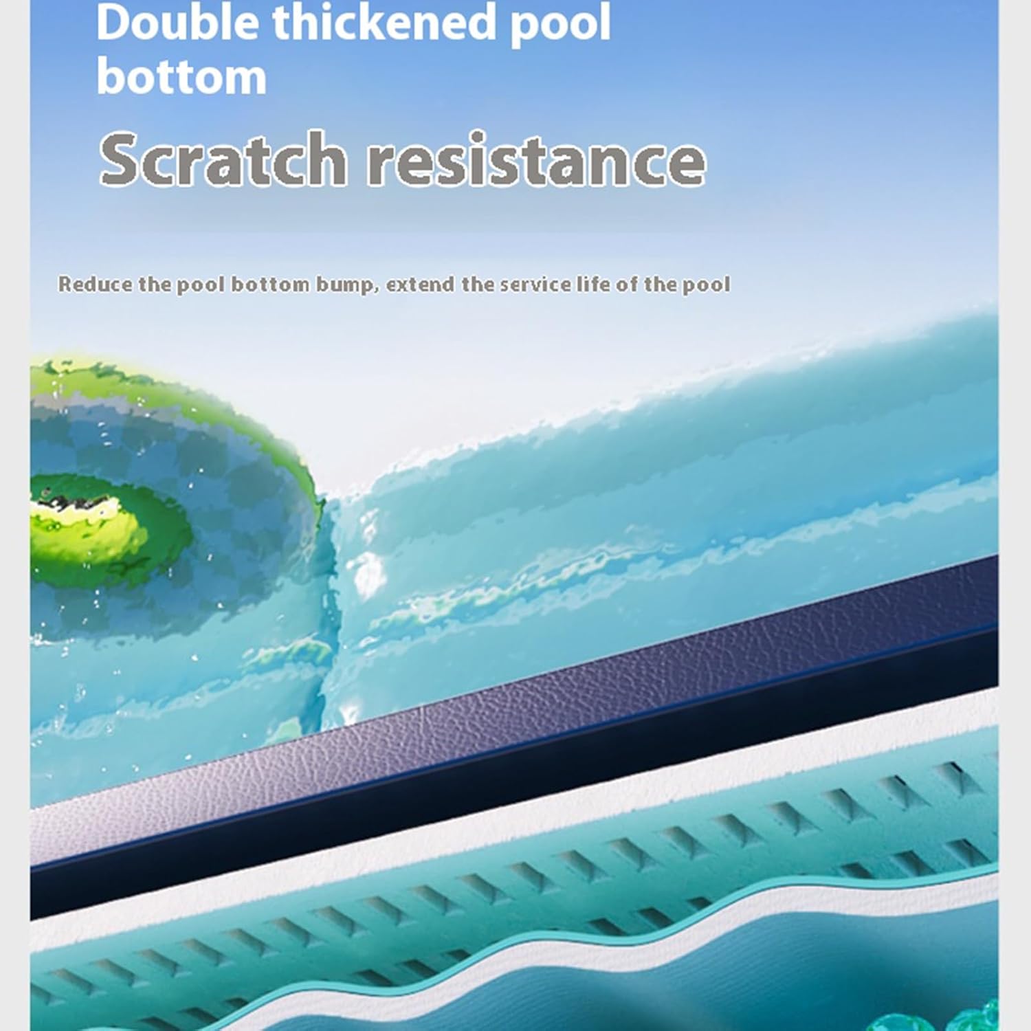 Inflatable pool with text highlighting double-thickened pool bottom and scratch resistance at Pet Servo