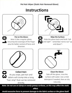 Instructions for using a Pet Hair Wiper glove on a white background at Pet Servo