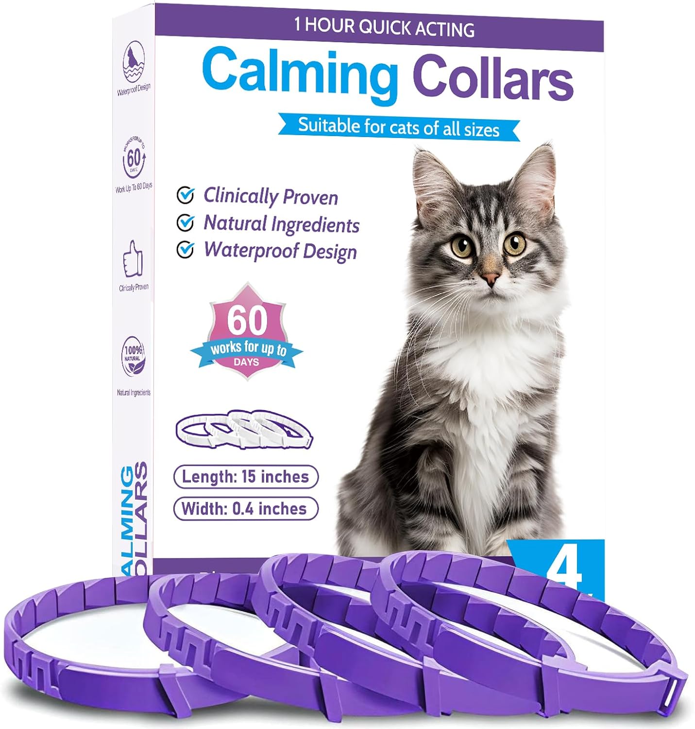 Cat calming collar packaging with a cat and product displayed at Pet Servo