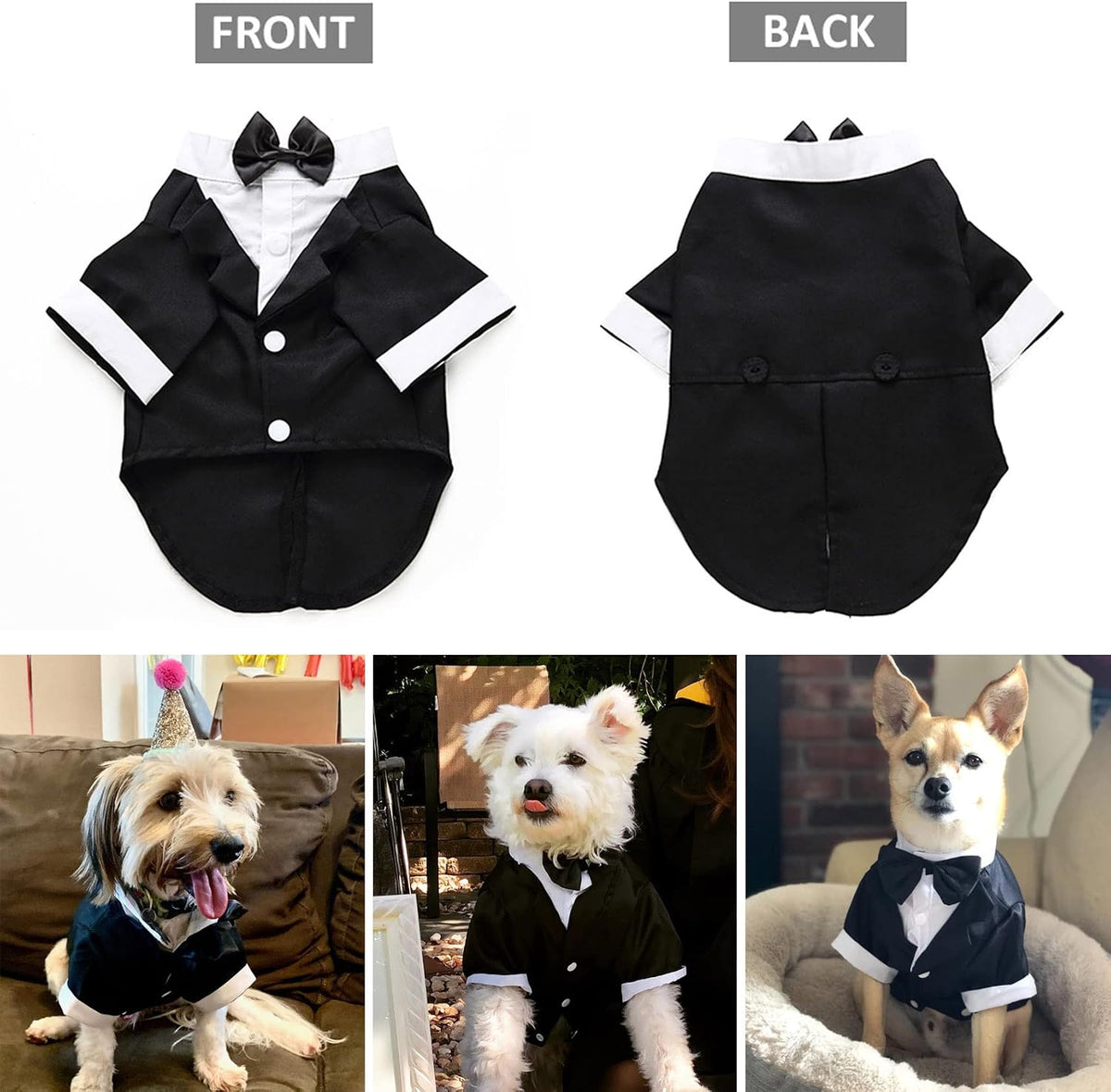 A pet tuxedo costume shown from the front and back on a white background, with three smaller photos of dogs wearing the costume in real indoor settings. The costume is black with white trim and a small black bow tie, labeled FRONT and BACK at the top.