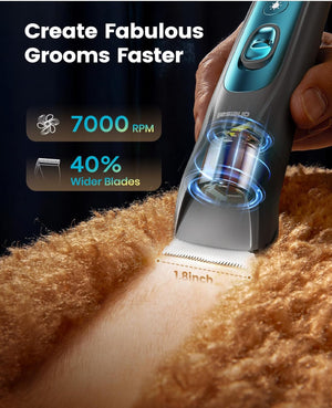 Hair trimmer being used on a person's leg with text highlighting features like RPM and blade width at Pet Servo