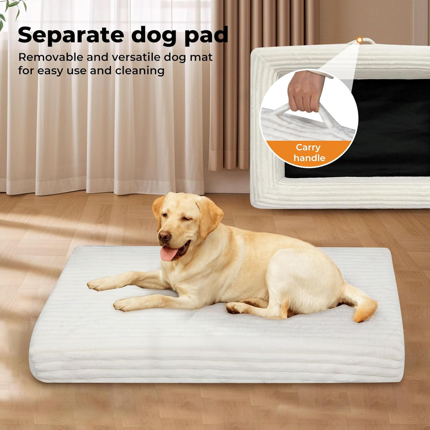Dog lying on a inflatable dog pad with a carrying handle in the background at Pet Servo