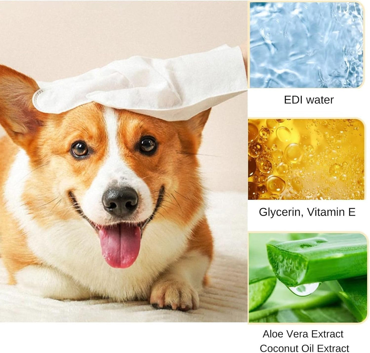 Dog with a towel on its head, surrounded by images of EDI water, Glycerin, Vitamin E, Aloe Vera Extract, and Coconut Oil Extract at Pet Servo
