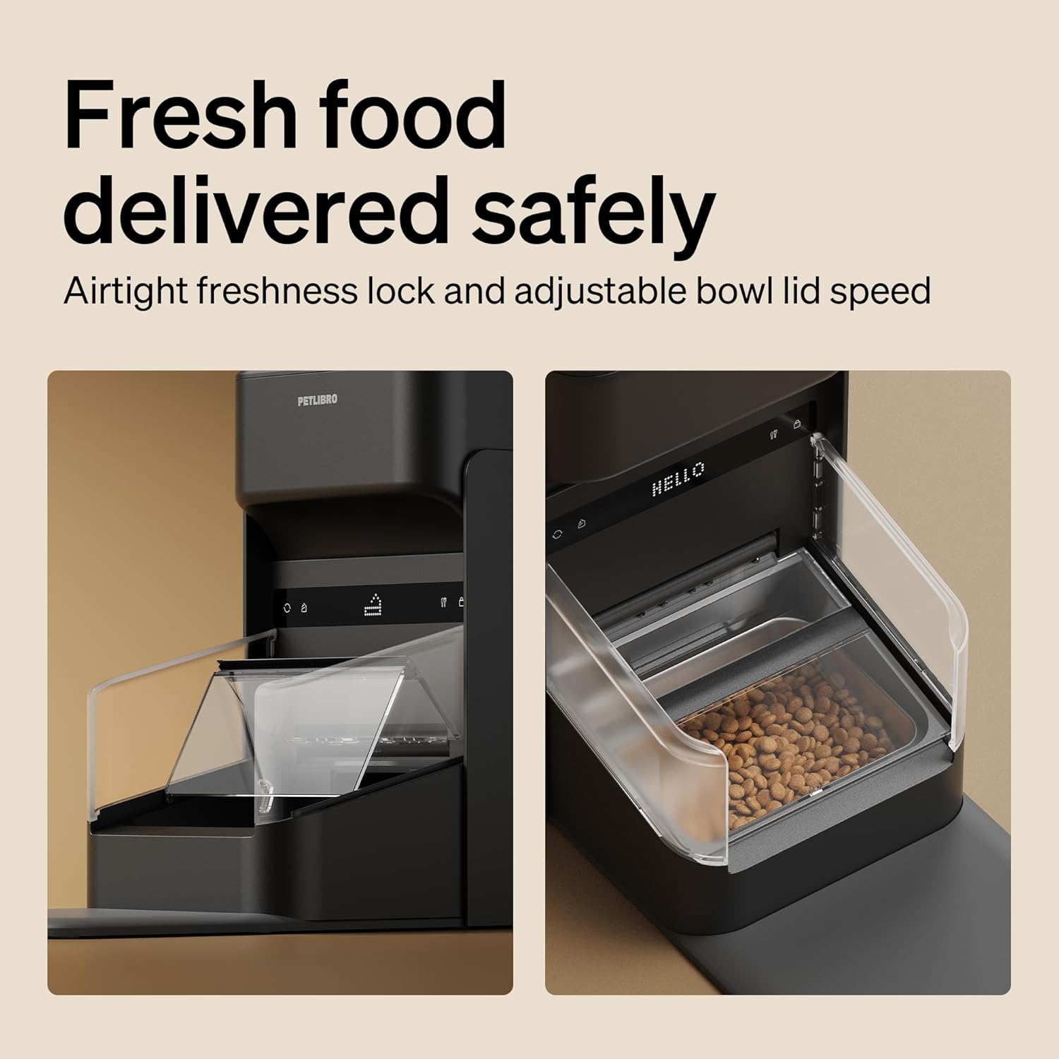 Pet food dispenser with airtight freshness lock and adjustable bowl lid speed feature at Pet Servo