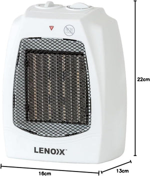 White Lenox electric heater with black front mesh guard and dimension markings showing 16cm width, 13cm depth, and 22cm height on a white background.