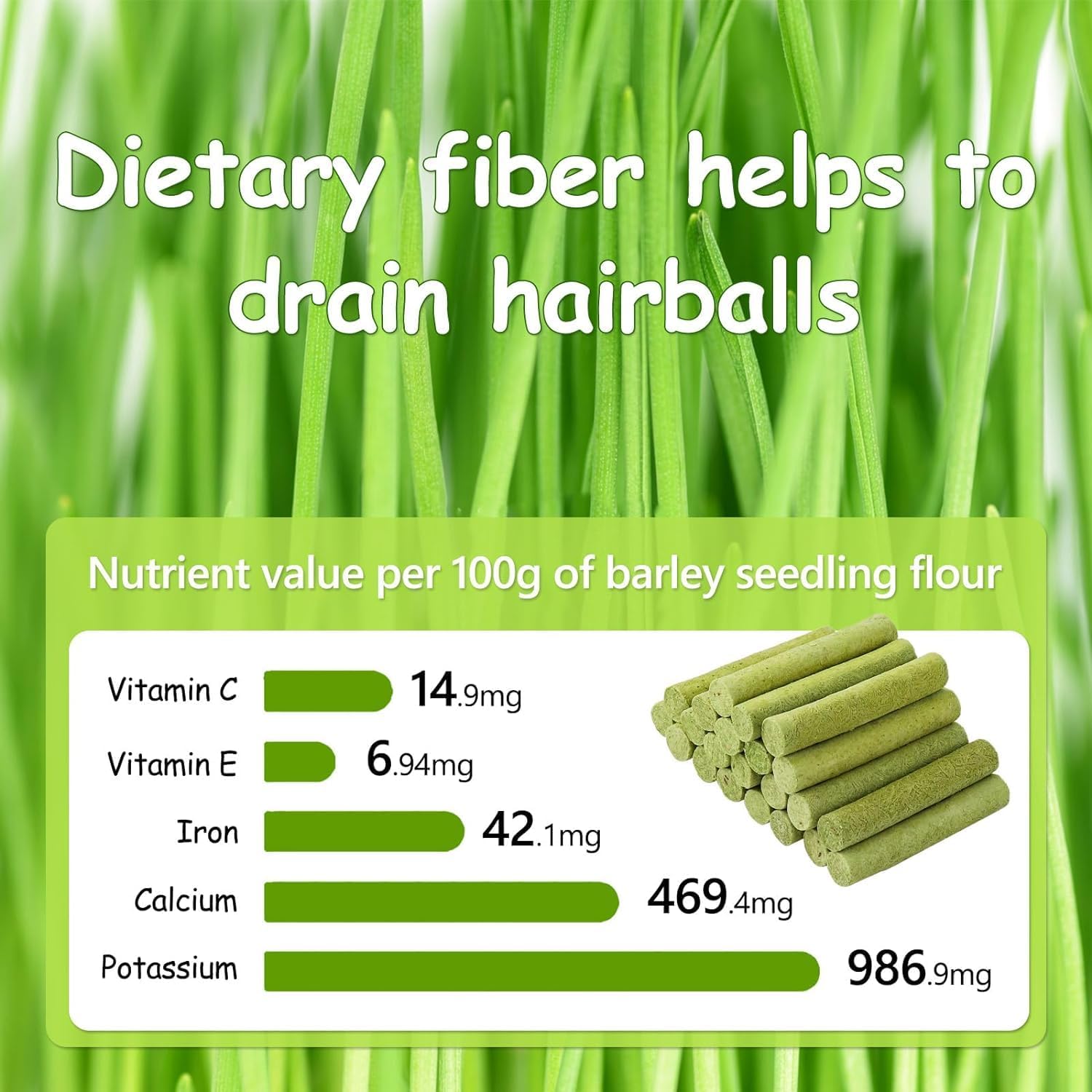 Barley seedling flour packaging with nutritional information and green grass background at Pet Servo
