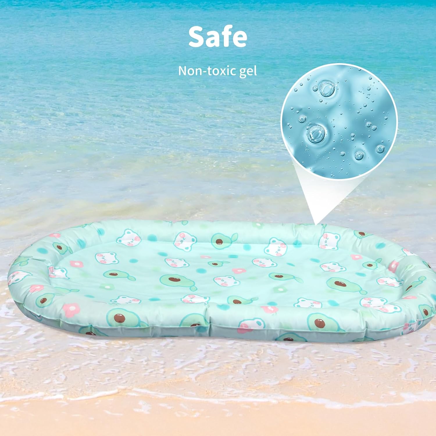 Floral-patterned inflatable pool float on a beach with a close-up of non-toxic gel at Pet Servo