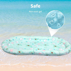 Floral-patterned inflatable pool float on a beach with a close-up of non-toxic gel at Pet Servo