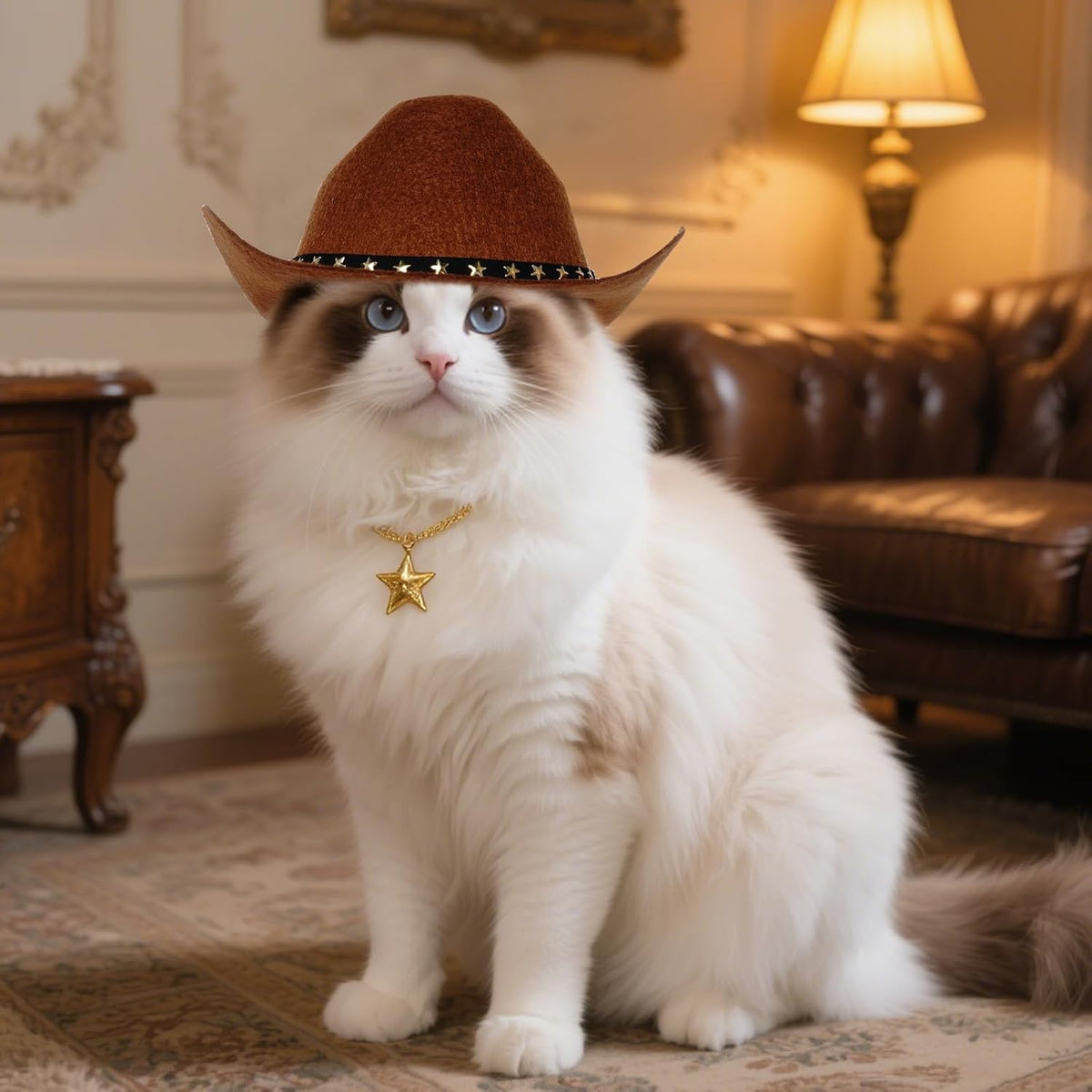 Cat wearing a cowboy hat and star-shaped pendant in an elegant room at Pet Servo