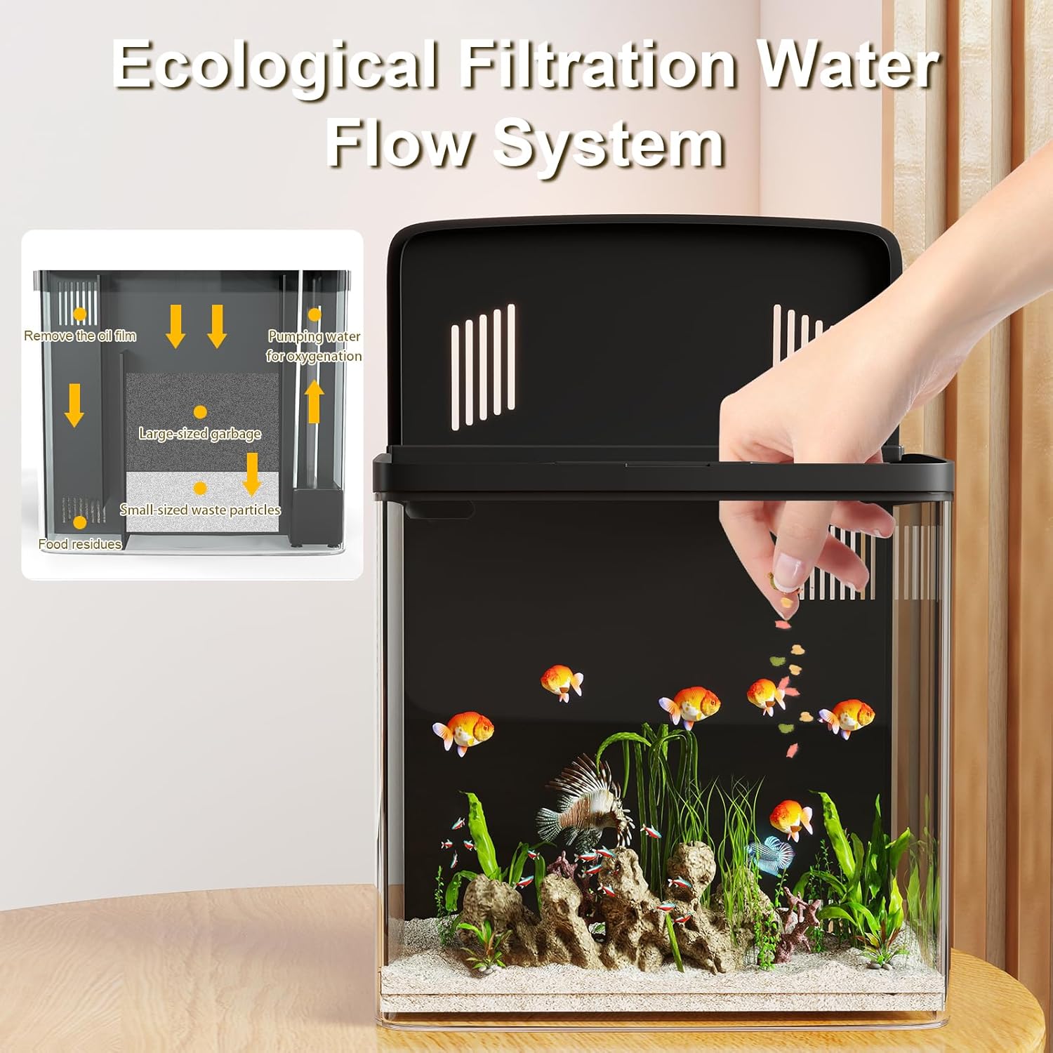 Aquarium with ecological filtration water flow system and hand interacting with it at Pet Servo