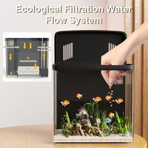 Aquarium with ecological filtration water flow system and hand interacting with it at Pet Servo