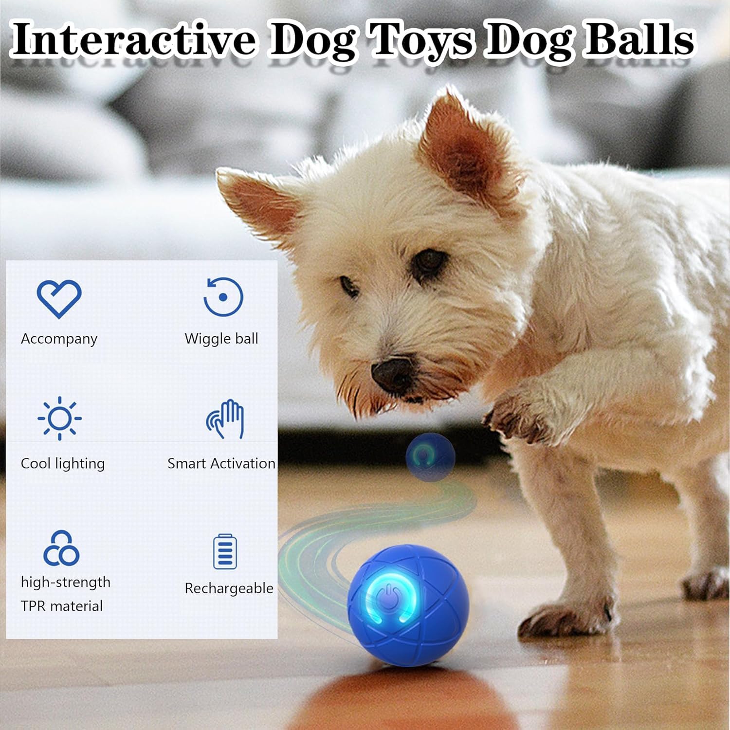 Dog playing with a blue interactive toy ball on a wooden floor at Pet Servo
