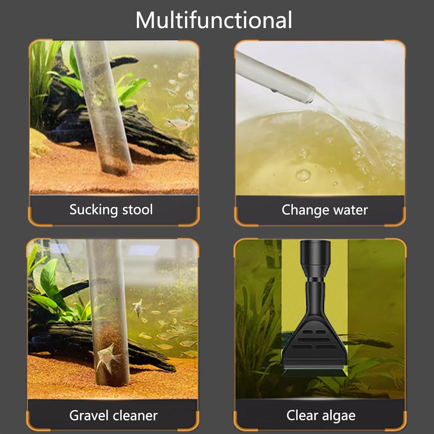 Multifunctional aquarium tool with images of using it for sucking, changing water, cleaning gravel, and clearing algae at Pet Servo