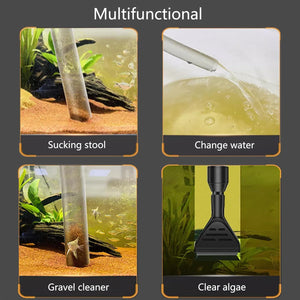 Multifunctional aquarium tool with images of using it for sucking, changing water, cleaning gravel, and clearing algae at Pet Servo