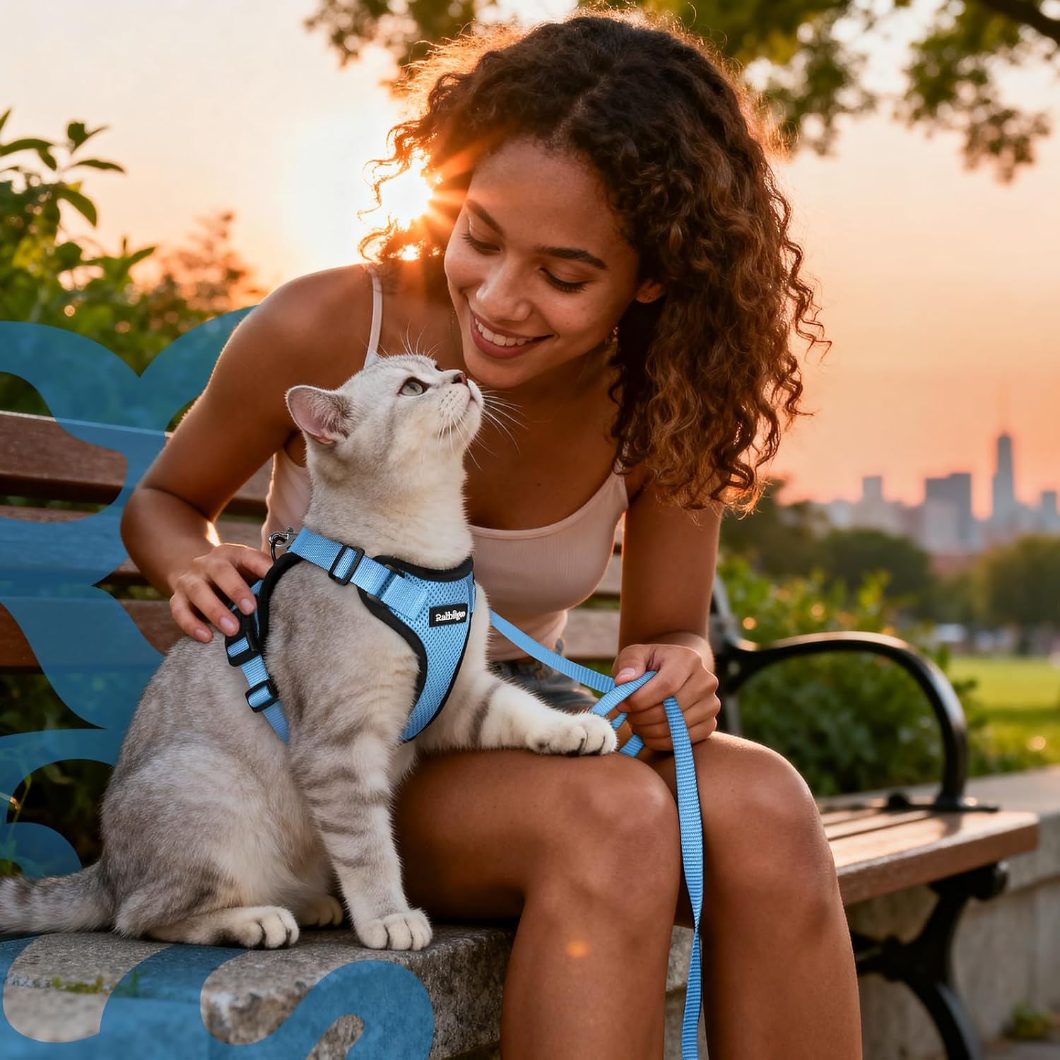 Woman sitting on a bench with a cat wearing a blue harness, city skyline in the background at Pet Servo