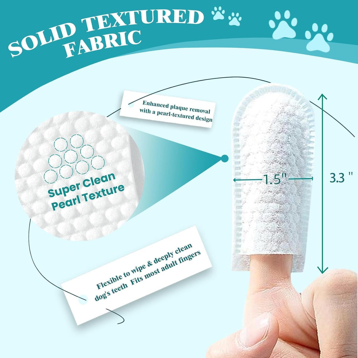 Super Clean pearl texture dog toothbrush with text and measurements on a blue background at Pet Servo