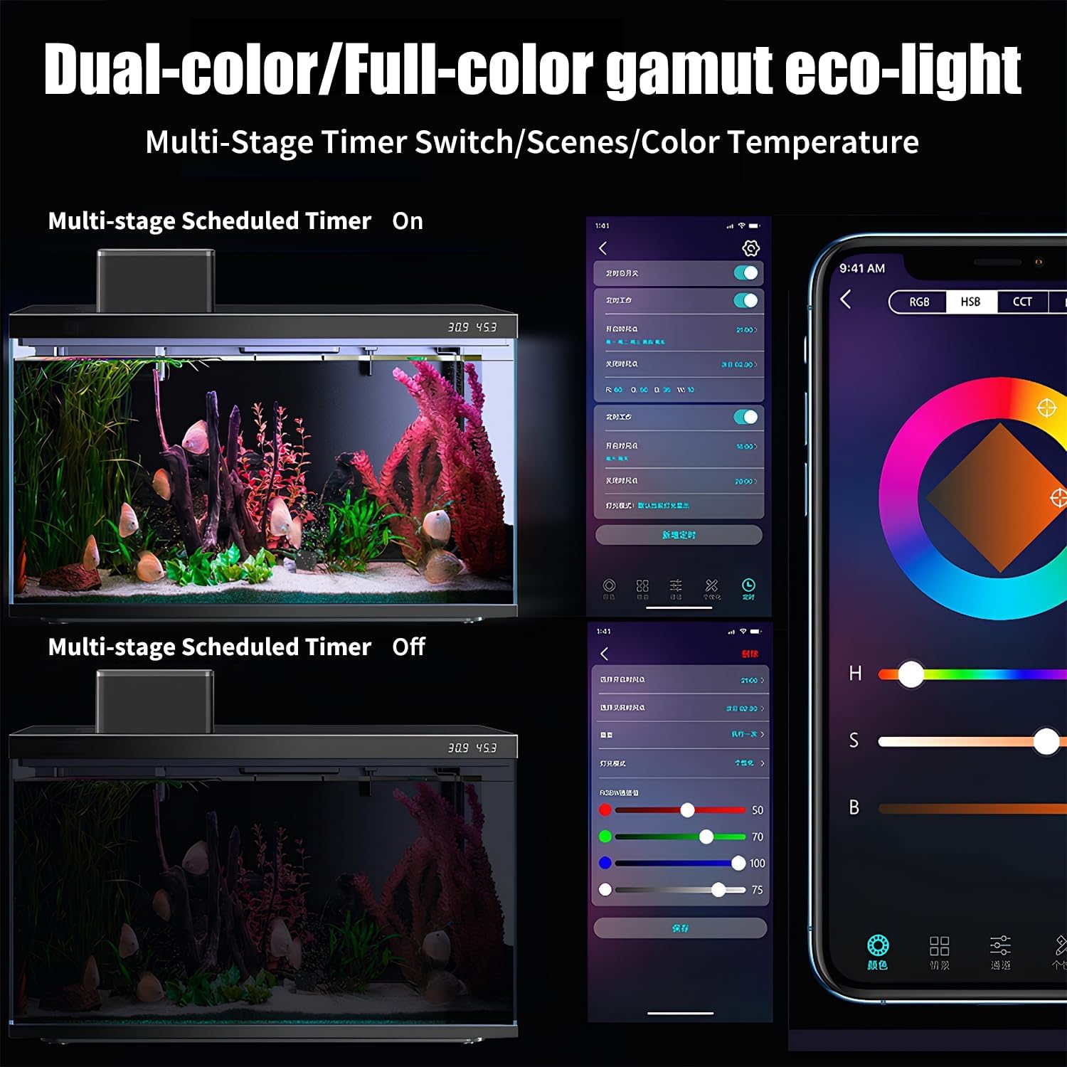Aquarium with dual-color/full-color gamut eco-light, multi-stage timer switch, and smartphone app interface at Pet Servo