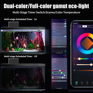 Aquarium with dual-color/full-color gamut eco-light, multi-stage timer switch, and smartphone app interface at Pet Servo