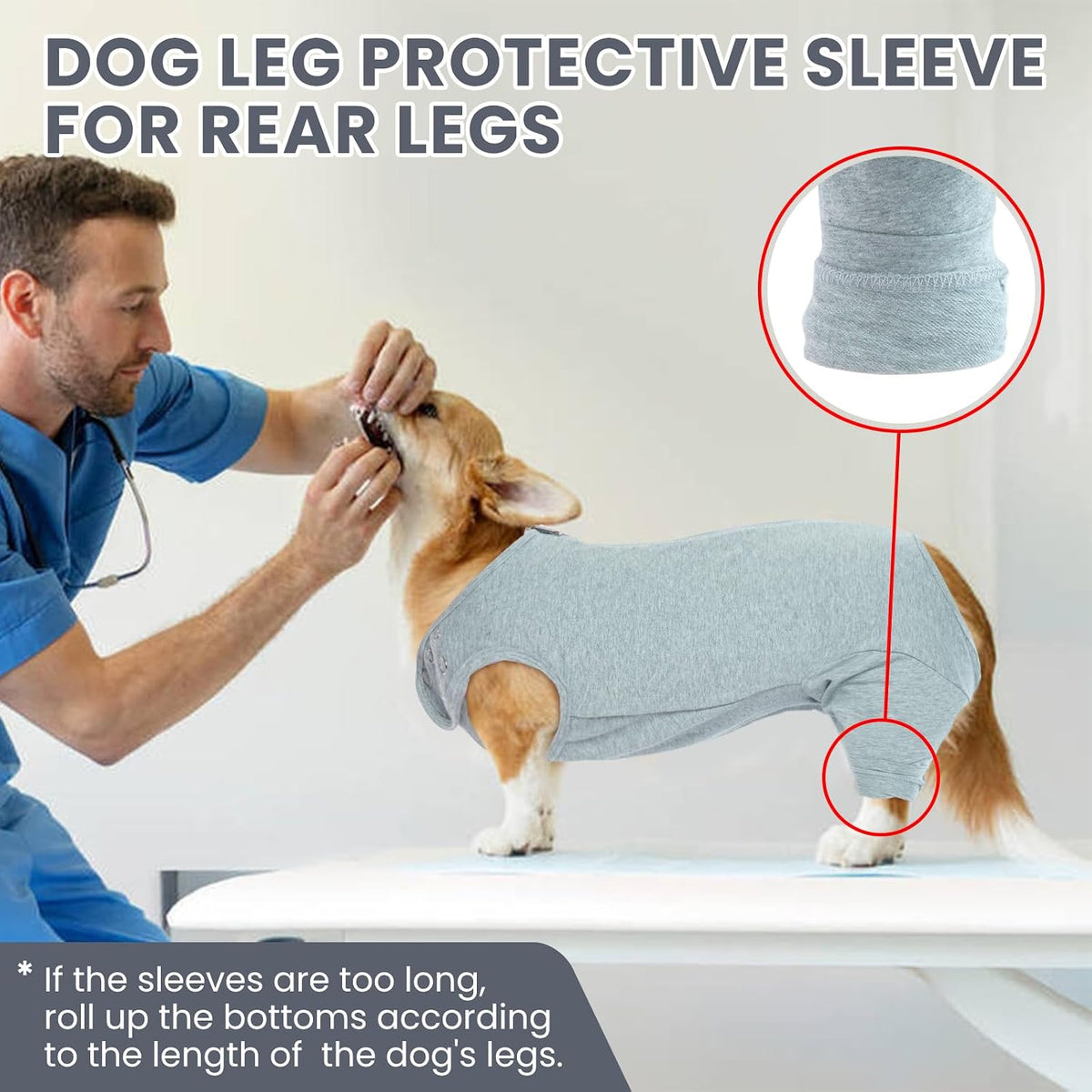 A corgi standing on a white exam table wearing a light gray protective sleeve on its rear legs, with a veterinarian examining the dog. The image includes text reading 'DOG LEG PROTECTIVE SLEEVE FOR REAR LEGS' and circular inset close-ups showing the sleeve material and fit.