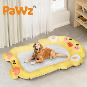 A golden retriever dog lies on a large, cartoon-style yellow pet bed with a white center pad. The bed is shaped like a character face with pink cheeks, white eyes, and orange paw pads at Pet Servo