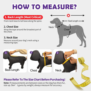 Instructions on how to measure a dog for clothing, including back length, chest size, and neck size at Pet Servo