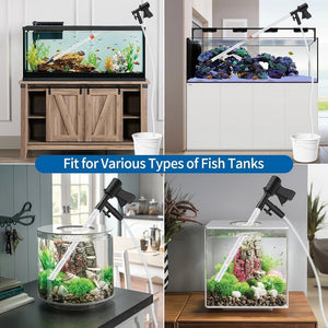 Collage of different fish tanks with a focus on compatibility with various types of fish tanks at Pet Servo
