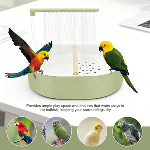 Two parrots on a green bird play stand with text about bird care at Pet Servo