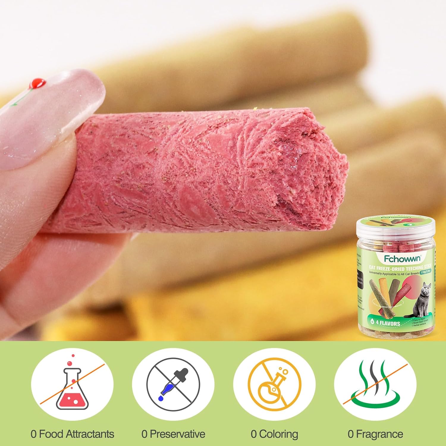 Pink dog treat held by a hand with a jar of treats labeled 'Fehowa' in the background at Pet Servo