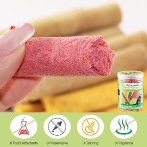 Pink dog treat held by a hand with a jar of treats labeled 'Fehowa' in the background at Pet Servo