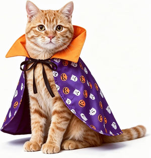 An orange tabby cat wearing a purple Halloween cape with a pumpkin and ghost pattern, featuring a bright orange collar and a dark brown bow, photographed against a solid white background at Pet Servo