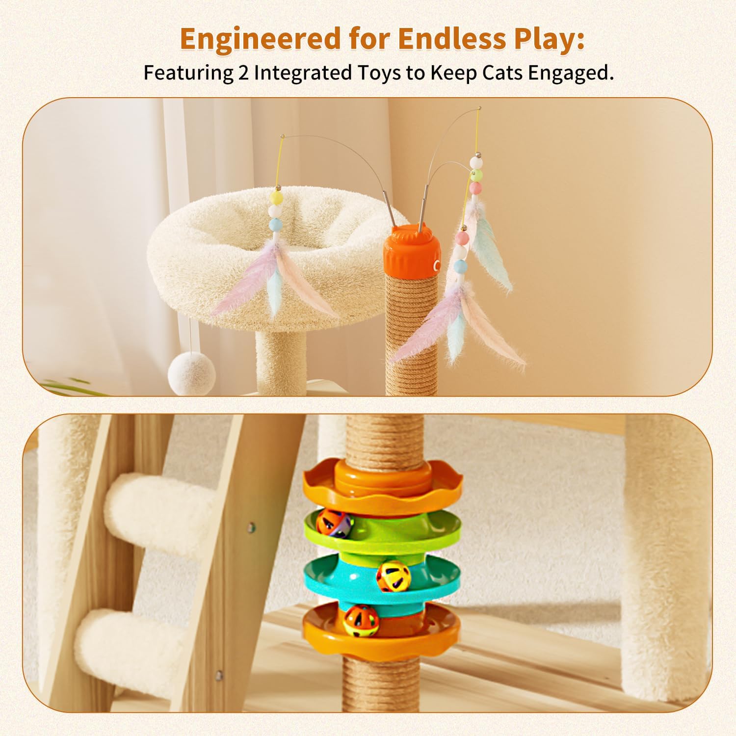 Cat play structure with integrated toys on a beige background at Pet Servo